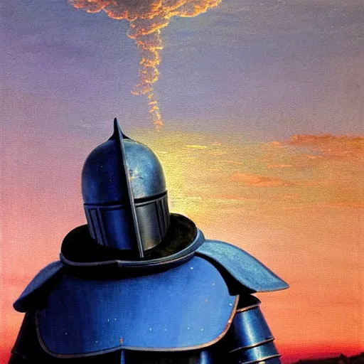 Prompt: a blue caped armored knight, wearing modern headphone, lonely, foggy, standing in midground, oil painting of a cummulonimbus cloud on a pink sunset by capsar david friedrich