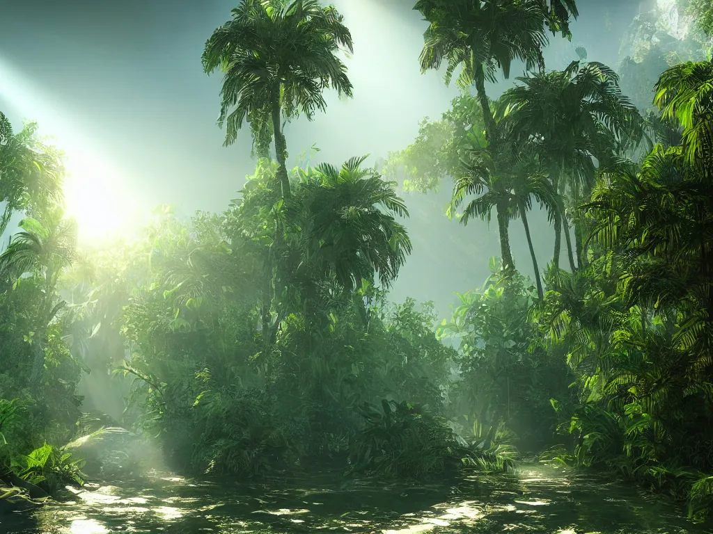 Prompt: Shadowy entrance to the jungle with palm trees and the river flowing near from the mountain. Fantasy style. Sun rays, lens flares. Cinematic, ArtStation, realistic photograph, ambient, shades of green, Unreal Engine 5, rendered by Octane.