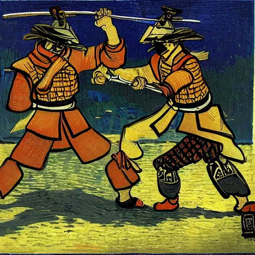 Image similar to samurai fights robots by van gogh