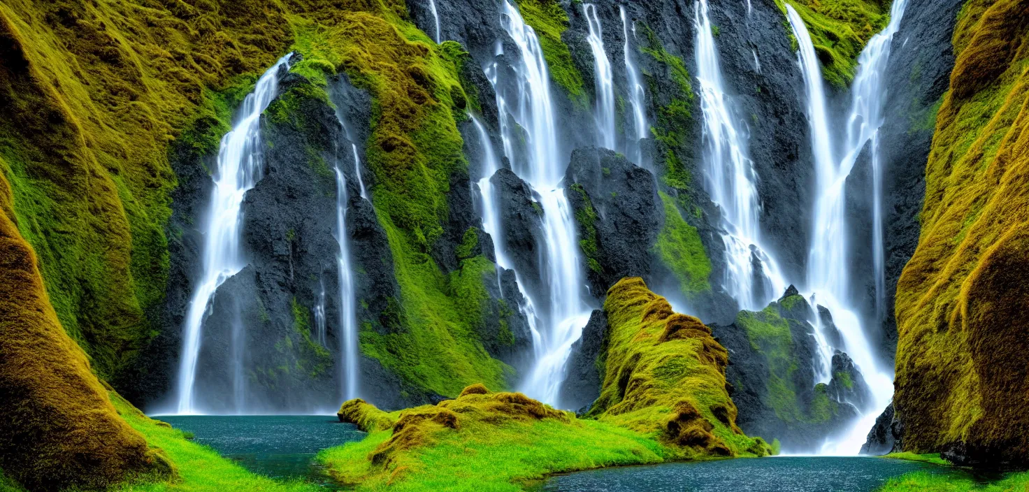 Image similar to a waterfall in the middle of a mountain range, a detailed matte painting by hallsteinn sigurðsson, shutterstock contest winner, naturalism, uhd image, creative commons attribution, photo taken with ektachrome