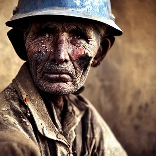 Image similar to A beautiful high quality portrait photo of an old puruvian mine worker with wrinkles, dirty face, helmet, by Steve McCurry, dramatic lighting and colors