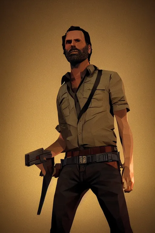 Image similar to rick grimes, paper craft low poly, the walking dead, Diane Arbus, poster, fantasy, medieval, vivid colors, elegant, concept art, sharp focus, digital art, Hyper-realistic, 4K, Unreal Engine, Highly Detailed, HD, Dramatic Lighting by Brom, trending on Artstation