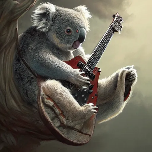 Image similar to Koala playing a guitar, highly detailed, fantasy art, in the style of greg rutkowski, illustration, epic, fantasy, intricate, hyper detailed, artstation, concept art, smooth, sharp focus, ray tracing