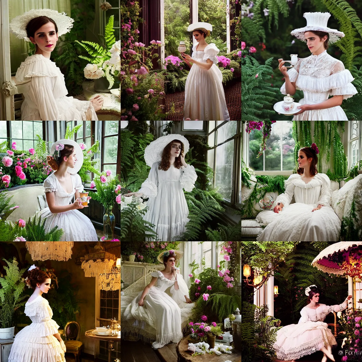 Prompt: textured film grain fantasy, glow, shimmer, emma watson as victorian woman in a long white frilly lace dress and a large white hat having tea in a sunroom filled with flowers, roses and lush fern flowers ,intricate, night, highly detailed, dramatic lighting , high quality