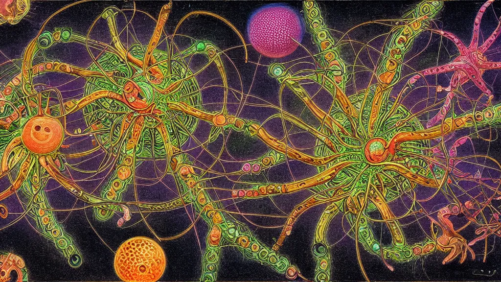 Image similar to quantum connections represented as symbiotic organisms like cells playing around with colorful lights by ernst haeckel, connectivity, sharp, realistic, magnetic