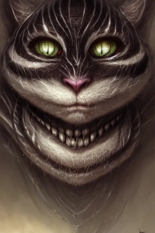 Image similar to cheshire cat, head only, by wlop, by luis royo, by peter mohrbacher, intricate, masterpiece, elegant, super detailed, unreal engine rendering, concept art, smooth, hard focus, sharp focus illustration, artstation hq