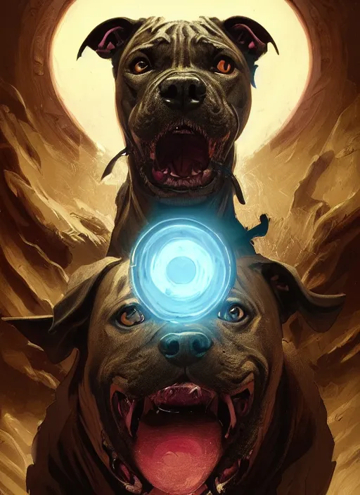 Image similar to vicious pitbull terrier with three heads and glowing eyes, sinister portrait, highly detailed, digital painting, artstation, concept art, matte, sharp focus, illustration, dramatic, cinematic hellburst, hearthstone, art by artgerm and greg rutkowski and alphonse mucha