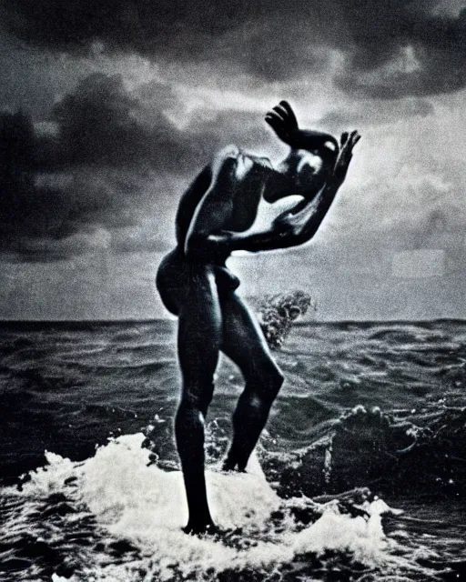 Prompt: Fela Kuti wading in a deep ocean waves, under a stormy sky, c1976, photography by Annie Liebowitz