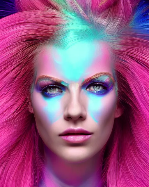 Prompt: a powerful energy psychedelic matrix queen with pink hair, by alexander fedosav, hyper detailed digital matte painting, concept art, hyperrealism, 1 6 k resolution, cinema 4 d, 8 k resolution, trending on artstation, behance hd, a masterpiece, by stephan martiniere, particles, cel - shaded, power bright neon energy, by david a. hardy