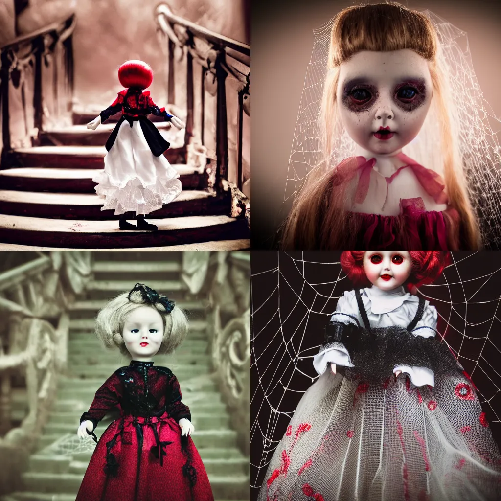 Prompt: photo of porcelain doll with glowing red eyes and rosebud lips, satin vintage clothing, locks of raven hair that goes past her feet, standing spooky mansion stairs with spider webs, photorealistic, cool colors, bokeh, specks of dust, depth of field 20mm,