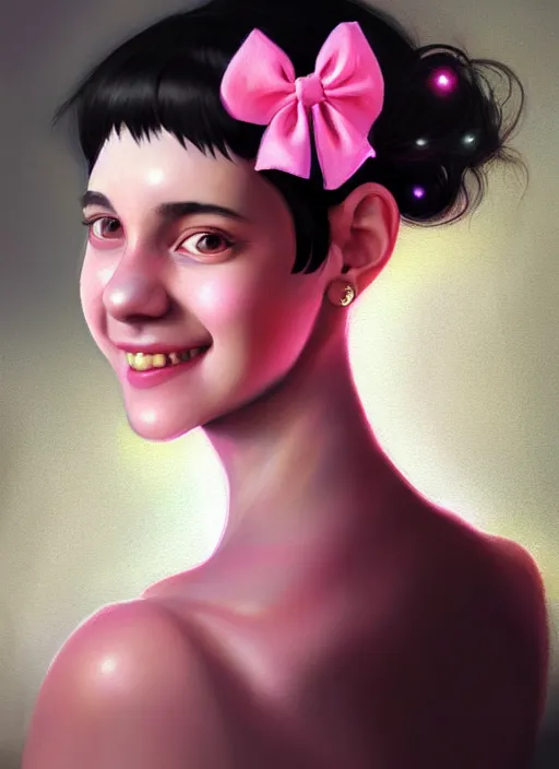 Image similar to portrait of high school girl, realistic, black hair, bangs, half updo hairstyle, pointy nose, skinny, smile, ugly, defined jawline, big chin, pink hair bow, earrings, intricate, elegant, glowing lights, highly detailed, digital painting, artstation, sharp focus, illustration, art by wlop, mars ravelo and greg rutkowski