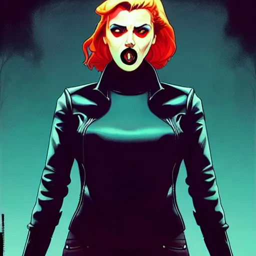 Image similar to rafael albuquerque comic art, peter mohrbacher, steve niles, phil noto, artgerm, pretty scarlett johansson vampire sharp vampire teeth open mouth, symmetrical eyes, black leather jacket, jeans, long blonde hair