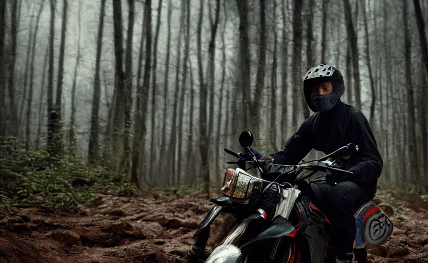 Prompt: cinestill 5 0 d candid photographic portrait by steve mccurry of joe biden wearing rugged black mesh techwear riding on a dirtbike through a deep forest, extreme closeup, modern cyberpunk moody emotional cinematic, snow storm, 8 k, hd, high resolution, 3 5 mm, f / 3 2, ultra realistic faces, ex machina