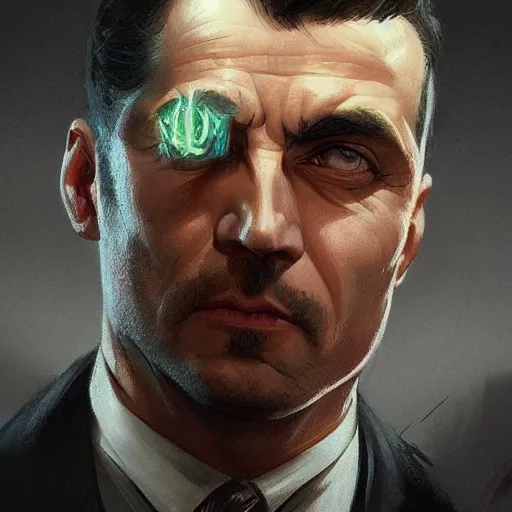 Image similar to mob boss, headshot, painted character portrait, highly detailed, digital painting, artstation, concept art, sharp focus, illustration, art by artgerm and greg rutkowski and alphonse mucha