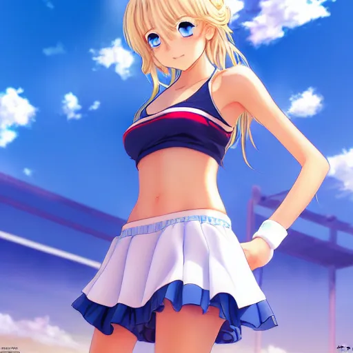 Prompt: a very beautiful young anime tennis girl, full body, long wavy blond hair, sky blue eyes, full round face, short smile, bikini, miniskirt, front view, highly detailed, cinematic wallpaper by stanley artgerm lau