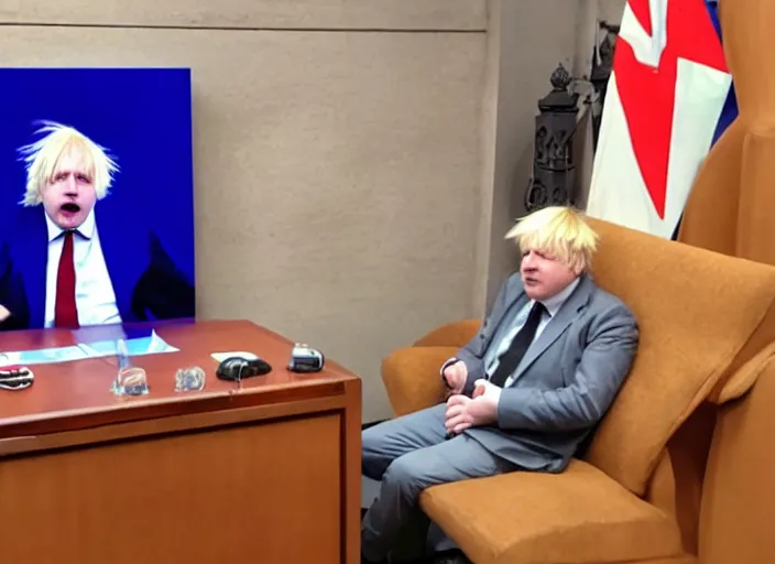 Image similar to Photo of Boris Johnson cosplaying as Dr. Eggman from Sonic series, sitting at the parlament meeting, giving an interview, highly detailed, 4k, HQ