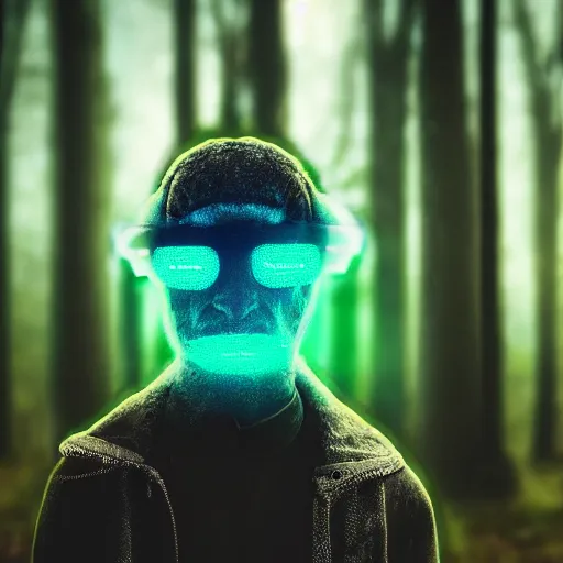 Image similar to Neon realistic robot following unknown blurry man in the woods, dark, highres, high detail