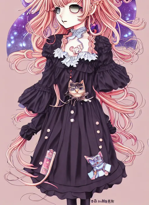 Prompt: fantastic manga character design of beautiful cat girl witch with a robot, curls hair, rococo ruffles dress, rosette, symmetrical face, cute, fairy, by mai yoneyama, takeshi obata, katsuhiro otomo, kelly mckernan, detailed background, illustration, artstation, concept art, highly detailed, colorful, maximalist