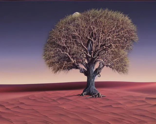 Prompt: a painting of a tree in the desert, an airbrush painting by breyten breytenbach, wavy sand pattern, cgsociety, neo - primitivism, airbrush art, dystopian art, apocalypse landscape