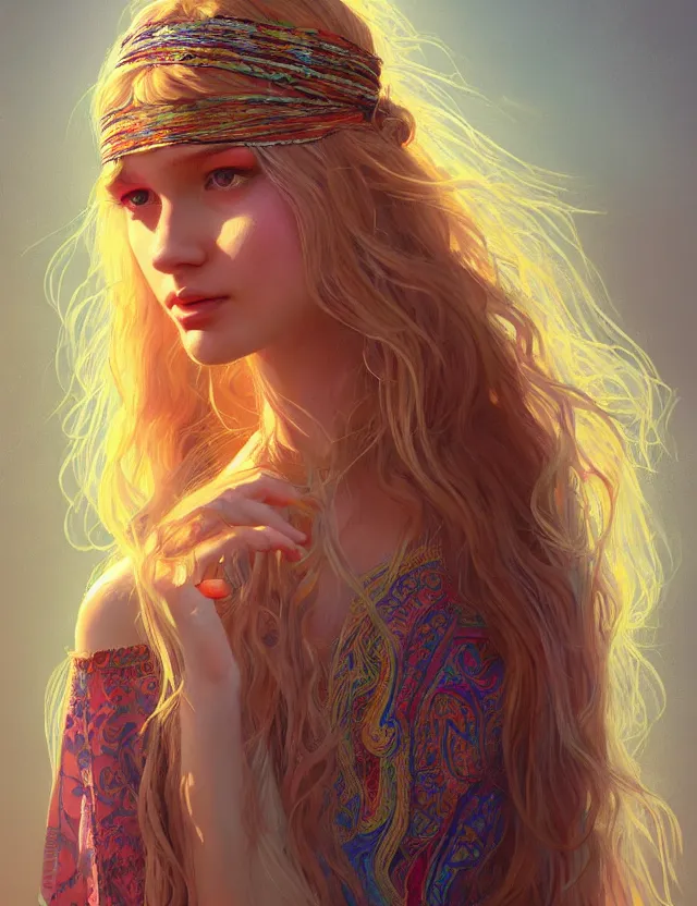 Prompt: a young woman wearing a boho dress at woodstock, hippie girl, long blonde hair, groovy hairband, bangs, intricate, smooth, groovy lighting, highly detailed, digital painting, artstation, concept art, smooth, sharp focus, illustration, art by wlop, mars ravelo and greg rutkowski