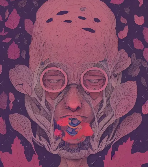 Prompt: portrait, nightmare anomalies, leaves by miyazaki, violet and pink palette, illustration, kenneth blom, mental alchemy, james jean, pablo amaringo, naudline pierre, contemporary art, hyper detailed