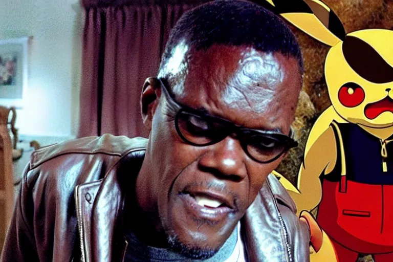 Image similar to Samuel L. Jackson plays Terminator and saves pikachu, scene from the film