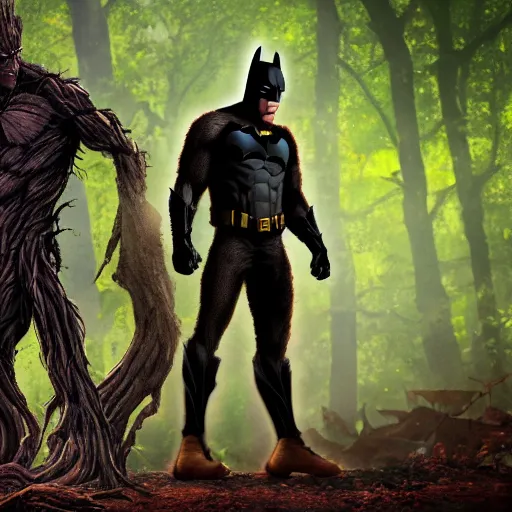 Image similar to batman meets groot in the woods digital art 4 k detailed super realistic