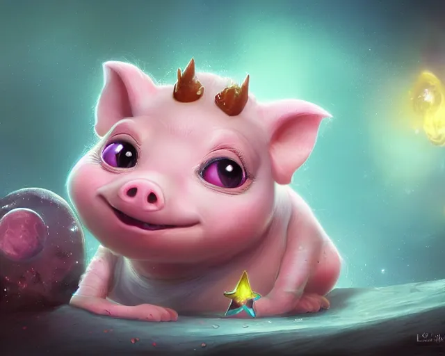 Prompt: 3D Fantasy Cute and adorable space piglet princess, huge adorable eyes, bright stars, Smooth 3D Illustration, soft render, Servando Lupini, Daniil Kudriavtsev, handpaint texture, Blender, 3DCoat