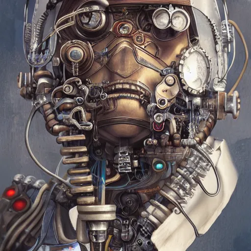 Image similar to portrait painting of a steampunk cyborg doctor, transhumanism, ultra realistic, concept art, studio ghibli, intricate details, eerie highly detailed