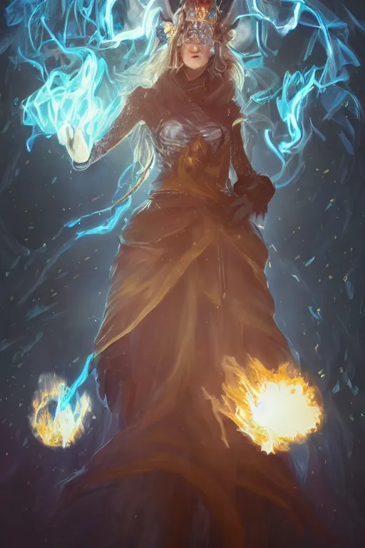 Image similar to a fancy portrait of a beautiful dark magician girl wearing a large witches hat covered in light blue flames flames by Greg Rutkowski, Sung Choi, Mitchell Mohrhauser, Maciej Kuciara, Johnson Ting, Maxim Verehin, Peter Konig, final fantasy , mythical, 8k photorealistic, cinematic lighting, HD, high details, atmospheric,