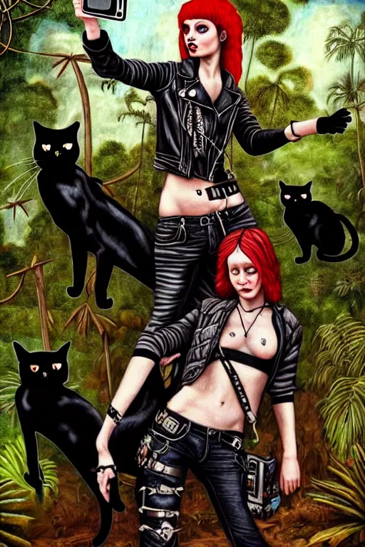 Image similar to punk rock girls making selfie with black cats in jungle , 1980 style, mad max jacket, post apocalyptic, renaissance, Gothic, highly detailed, digital painting, 4k, oil painting by Leonardo Da Vinci, hyper realistic style, fantasy by Olga Fedorova