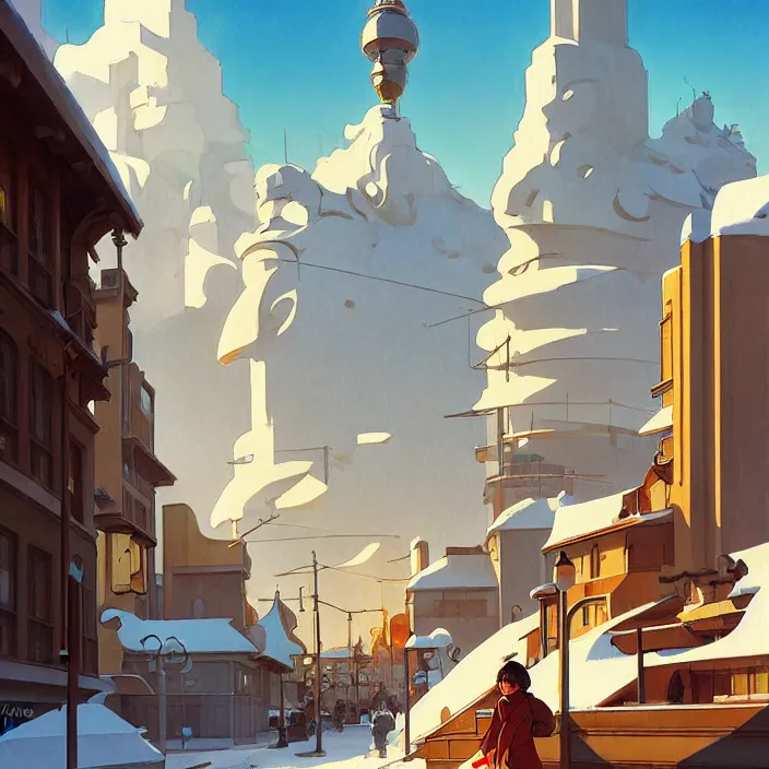 Prompt: californian city, winter, in the style of studio ghibli, j. c. leyendecker, greg rutkowski, artem