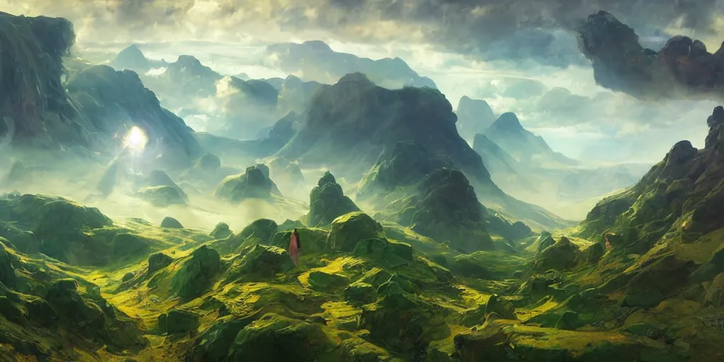 Prompt: sky is land green landscape villages castles buildings inverted upsidedown mountain range from the sky fantasy surreal good composition artstation illustration sharp focus sunlit vista painted by ruan jia raymond swanland lawrence alma tadema zdzislaw beksinski norman rockwell tom lovell alex malveda greg staples