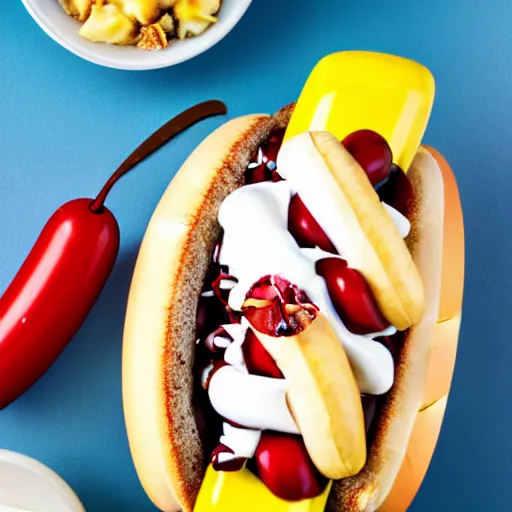 Image similar to commercial photo of a banana split with a hot dog instead of the banana, mustard, ketchup,