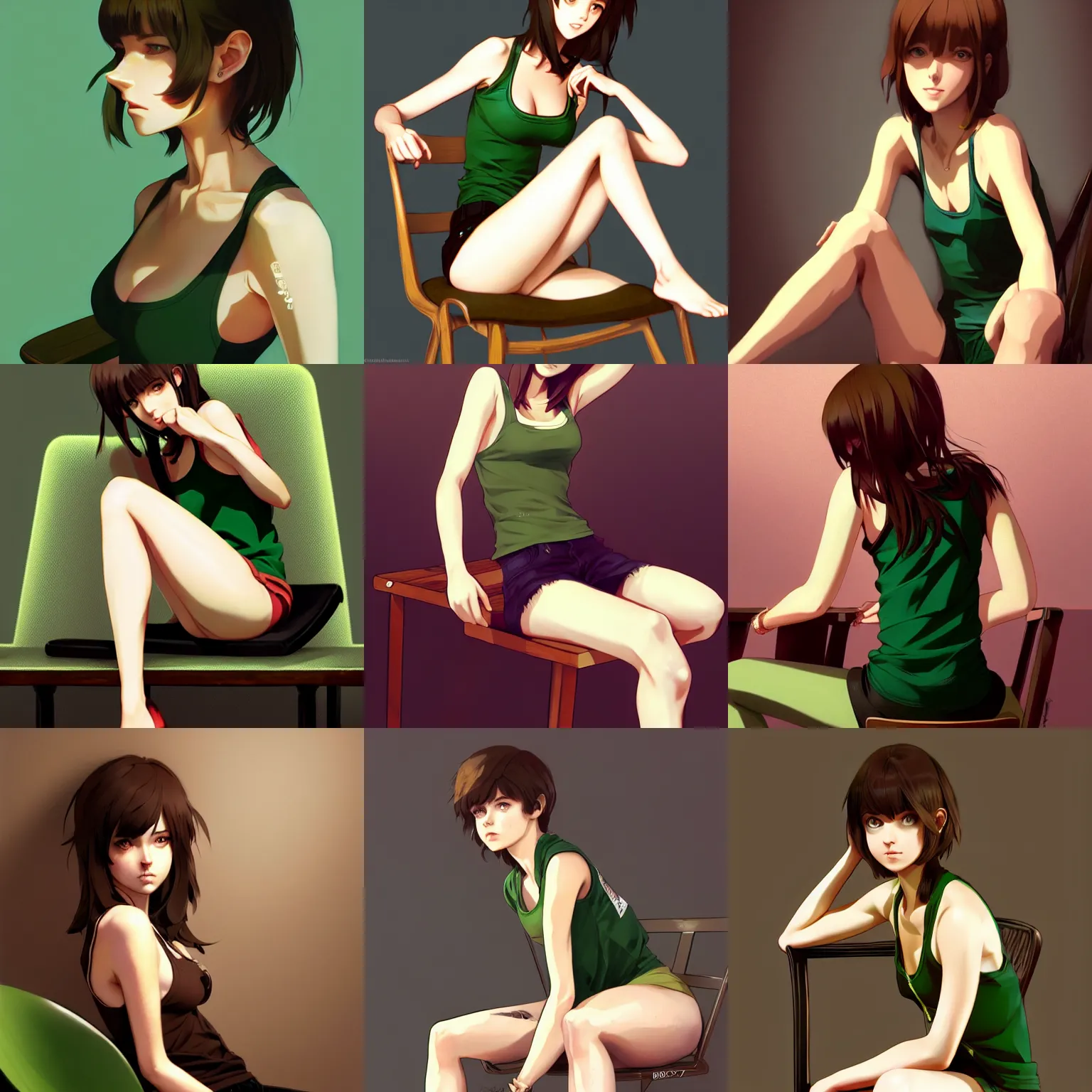 Prompt: sexy girl with brown hair and green eyes, wearing a tanktop, sitting on a chair, highly detailed, in the style of and ilya kuvshinov and greg rutkowski, high quality anime artstyle, intricate