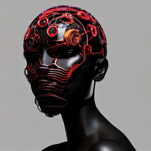 Image similar to portrait of an absurdly beautiful, graceful, sophisticated, fashionable black cyberpunk mechanoid gravure idol, hyperdetailed illustration by irakli nadar, adut akech, matt wisniewski style, intricate linework, dark black porcelain skin, jellyfish headdress, unreal engine 5 highly rendered, global illumination, red light, detailed and intricate environment