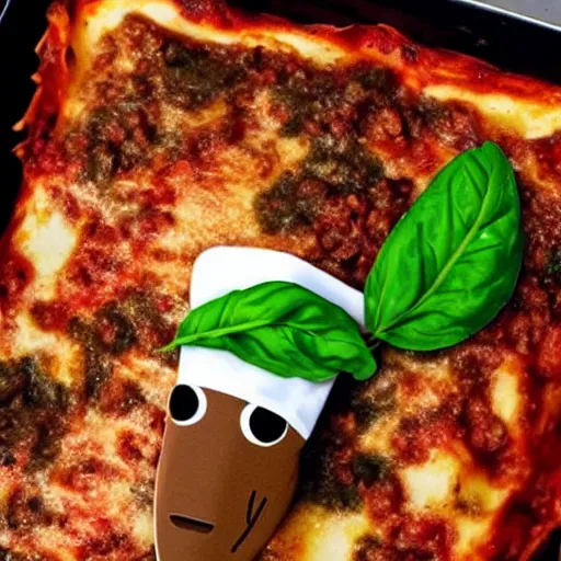 Image similar to platypus wearing a chef hat while putting a lasagna in an oven, with three basil leaves over the lasagna