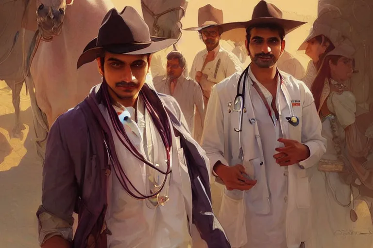 Image similar to Anxious good looking pale young Indian doctors wearing Western clothes at the airport, portrait, elegant, intricate, digital painting, artstation, concept art, smooth, sharp focus, illustration, art by artgerm and greg rutkowski and alphonse mucha