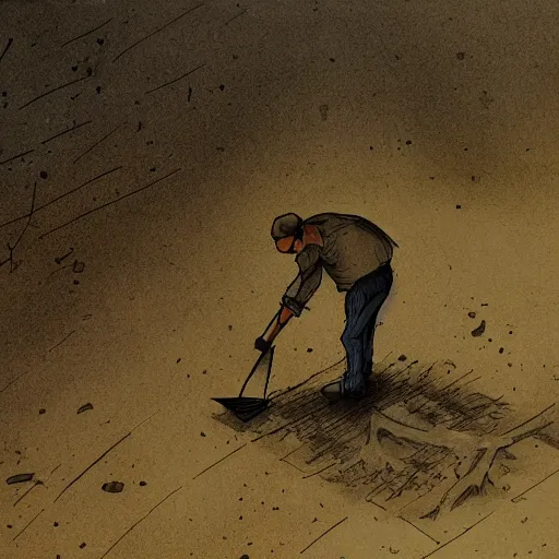 Image similar to a man with a shovel standing digging up a grave with a dead body in it, subtle blue, orange, and dark green tones, high quality, high detail, dark colors, sinister atmosphere, dramatic lighting, cinematic, establishing shot, extremely high detail, photo realistic, cinematic lighting, pen and ink, intricate line drawings, by Yoshitaka Amano, Ruan Jia, Kentaro Miura, Artgerm, post processed, concept art, artstation, matte painting, style by eddie mendoza, raphael lacoste, alex ross