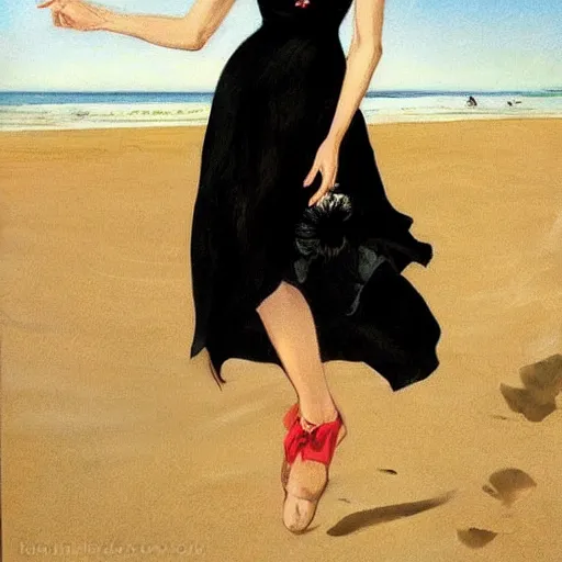 Prompt: woman in black dress in the middle of the beach, pretty face, black shoes, leyendecker style