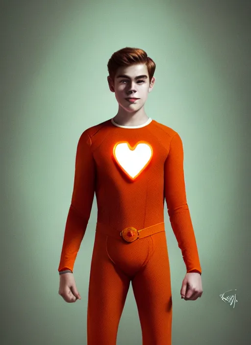 Image similar to friendly teenage archie andrews wearing an orange superhero costume with heart logo, freckles, superhero costume, heart emblem on chest, cape, intricate, elegant, glowing lights, highly detailed, digital painting, artstation, sharp focus, illustration, art by wlop, mars ravelo and greg rutkowski