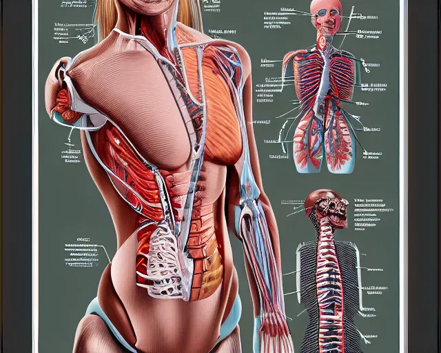 Image similar to female synthetic human, highly detailed labeled medical anatomy poster anatomical drawing, high resolution