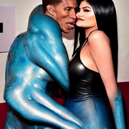 Image similar to kylie jenner held menacingly by an xenomorph, highly detailed, photorealistic, hyper realistic, slime, saliva, smooth