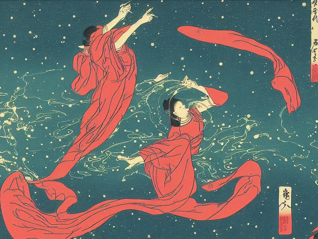 Prompt: a stunning render of a beautiful woman dancing and squirting fluorescent liquid in the cosmos, by Hiroshige
