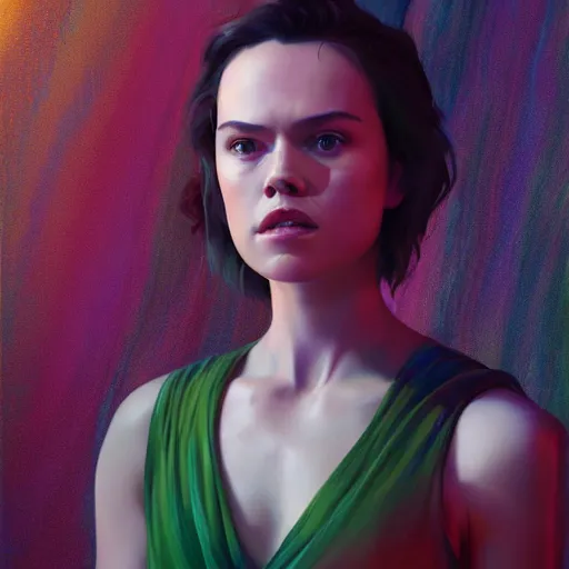 Image similar to daisy ridley ( actress ), full body portrait colorful oil painting by android jones, john jean, yuumei, yanjun cheng, unreal 5, daz, hyperrealistic, octane render, rpg portrait, dynamic lighting, fantasy art, beautiful face