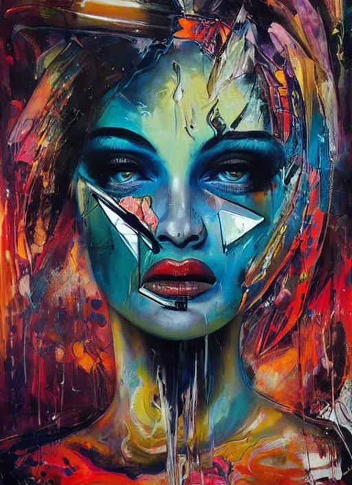 Prompt: abstract expressionist tripping magic cult psychic woman, painted face, third eye, energetic consciousness psychedelic, epic surrealism expressionism symbolism, story telling, iconic, dark robed, oil painting, symmetrical face, dark myth mythos, by sandra chevrier, bruce pennington, joan mitchell masterpiece