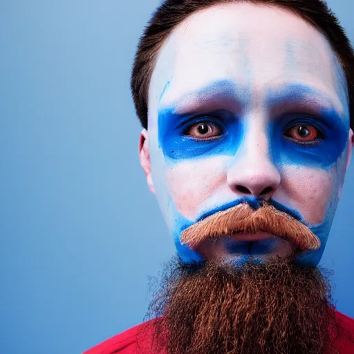 Image similar to fish eye lens close up photograph of a man with blue skin and a goatee side eyeing the camera with a sympathetic look