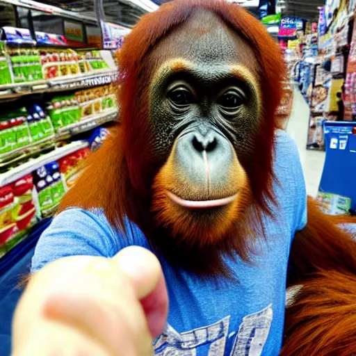 Image similar to orangutan selfie photograph, taken at walmart