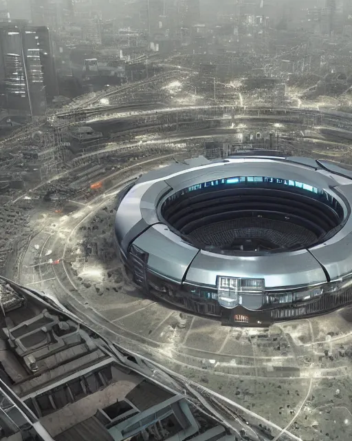 Image similar to a futuristic stadium with a giant metal gear on the field, unreal engine, hyper realism, realistic shading, cinematic composition, realistic render, octane render, detailed textures, photorealistic, wide shot