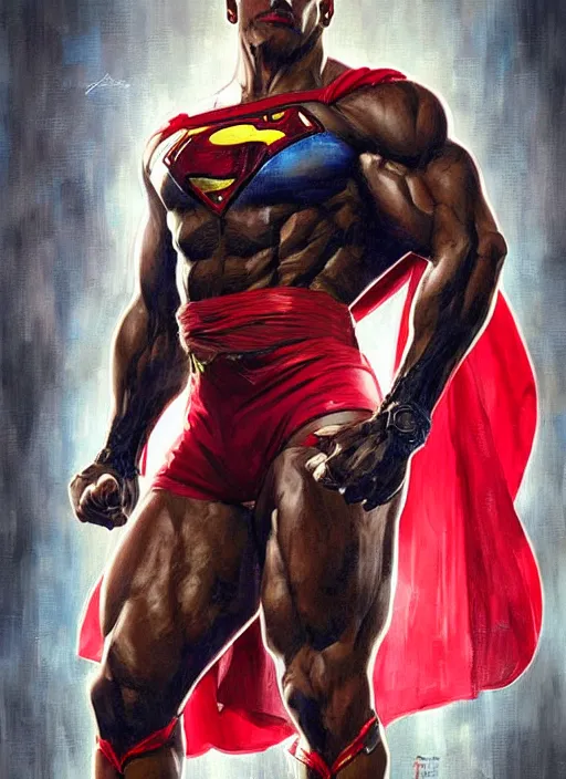 Image similar to portrait of crossfit bodybuilder fitness sprinter superman!, futuristic detailed cyberpunk costume, red and black costume!!!, painted art by tsuyoshi nagano, greg rutkowski, artgerm, alphonse mucha, spike painting